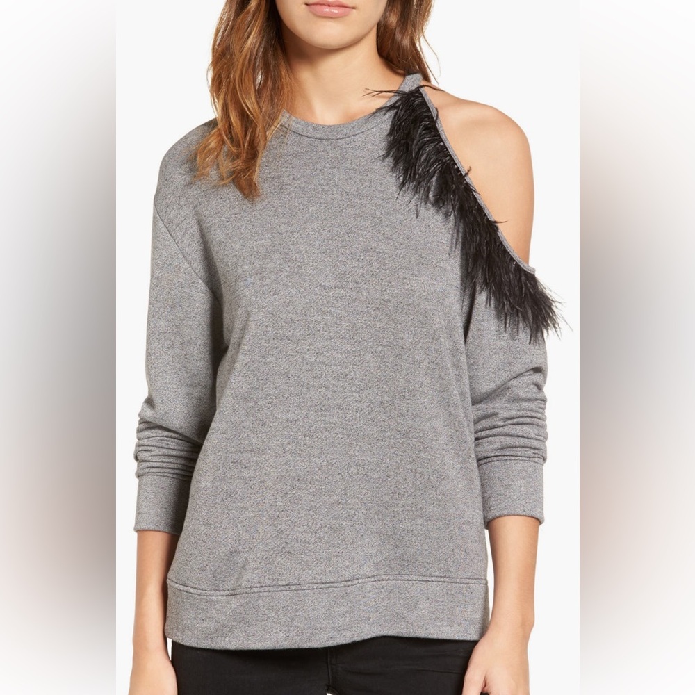 Ro&De Feather Sweatshirt Gray Off-Shoulder Sweater with Feather Detail